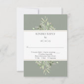 Elegante saliegroene gebladerte goudkleurige eleme RSVP kaartje (Voorkant)