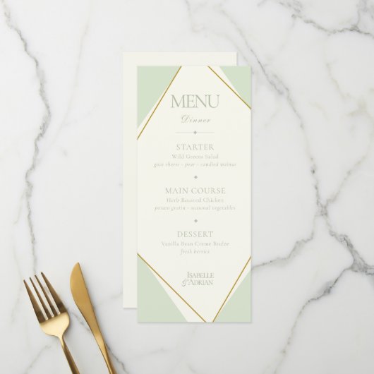 Elegante saliegroene geometrische trouwmenu menu (Voorkant / Achterkant in situ)