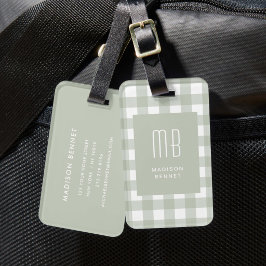 Elegante saliegroene geruite monogram bagagelabel
