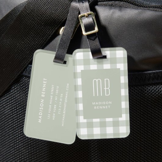 Elegante saliegroene geruite monogram bagagelabel