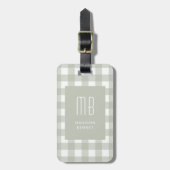 Elegante saliegroene geruite monogram bagagelabel (Voorkant verticaal)