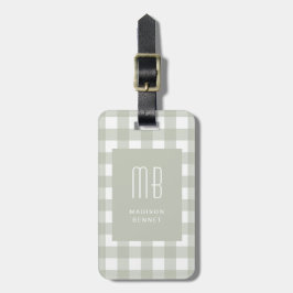 Elegante saliegroene geruite monogram bagagelabel