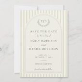 Elegante saliegroene gestreepte monogram huwelijks save the date (Voorkant)
