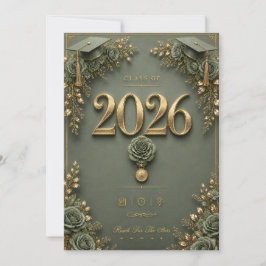 Elegante saliegroene & gouden afstudeeruitnodiging kaart