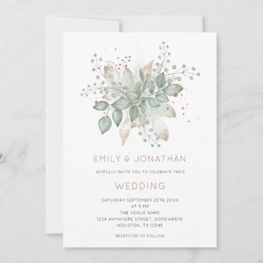 Elegante saliegroene gouden bladermotief trouwkaar kaart (Voorkant)