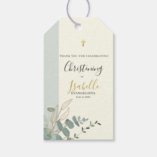Elegante saliegroene gouden eucalyptus doop cadeaulabel (Voorkant)
