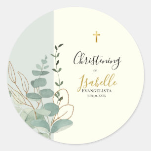 Elegante saliegroene gouden eucalyptus doop ronde sticker