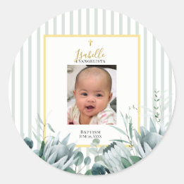 Elegante Saliegroene Gouden Foto Doop Ronde Sticker