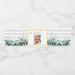 Elegante Saliegroene Gouden Foto Doop Waterfles Etiket