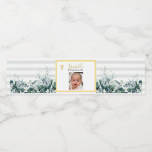 Elegante Saliegroene Gouden Foto Doop Waterfles Etiket