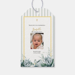 Elegante Saliegroene Gouden Foto Doopfeest Cadeaulabel