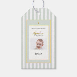 Elegante saliegroene gouden foto doopgunst cadeaulabel