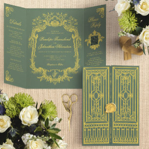 Elegante Saliegroene Gouden Koninklijke Poort Trou Drieluik Uitnodiging