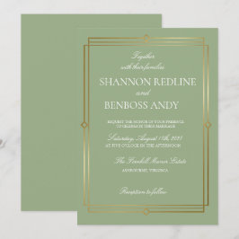 Elegante Saliegroene & Gouden Monogram Trouwkaart Kaart