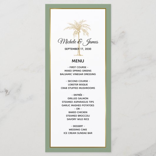 Elegante Saliegroene Gouden Palmboom Trouwdag Menu (Voorkant)