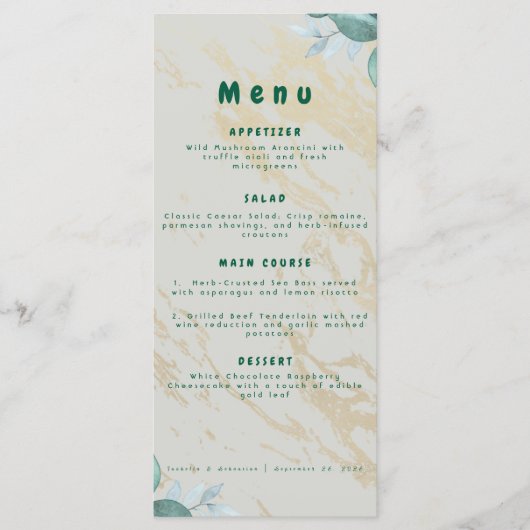 Elegante Saliegroene & Gouden Trouwmenu Menu (Voorkant)