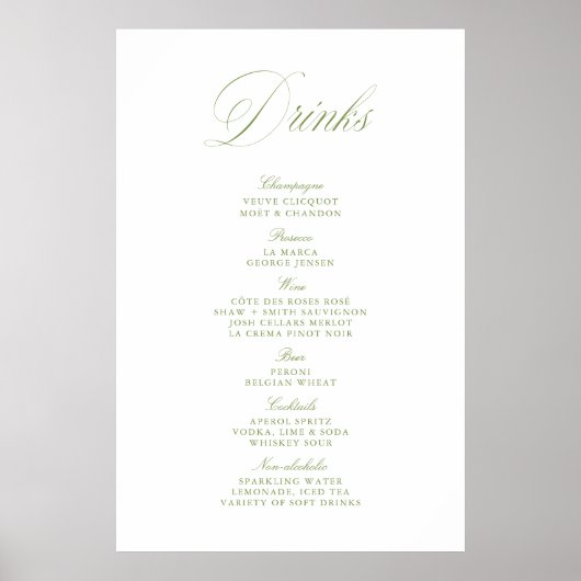 Elegante saliegroene huwelijksdrankenbarmenu papie poster (Voorkant)