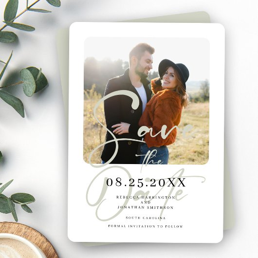 Elegante saliegroene huwelijksfotobesparing aankon save the date