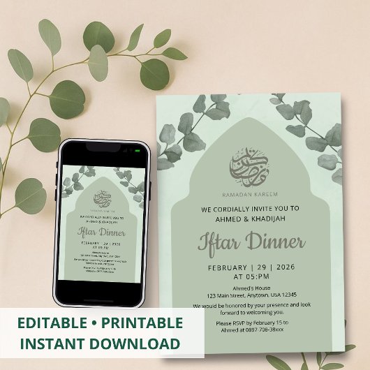 Elegante saliegroene islamitische boog Iftar-diner Kaart