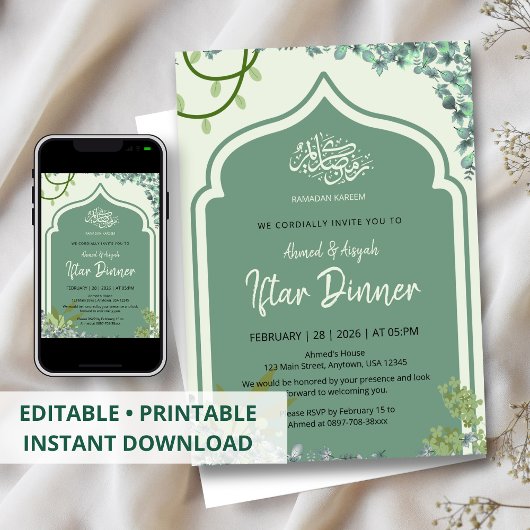 Elegante Saliegroene Islamitische Gebogen Iftar-di Kaart
