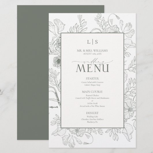 Elegante saliegroene kalligrafie monogram menukaar (Voorkant / Achterkant)