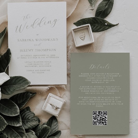 Elegante saliegroene kalligrafie QR-code bruiloft Kaart
