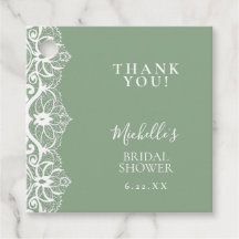 Elegante saliegroene kanten bruidsfeest favor tags
