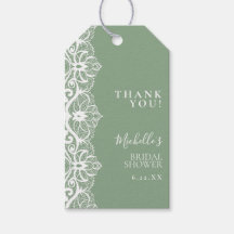 Elegante saliegroene kanten bruidsfeest favor tags