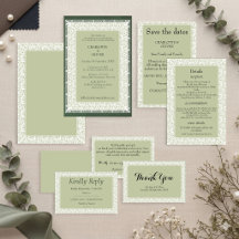 Elegante saliegroene kanten klassieke trouwuitnodi