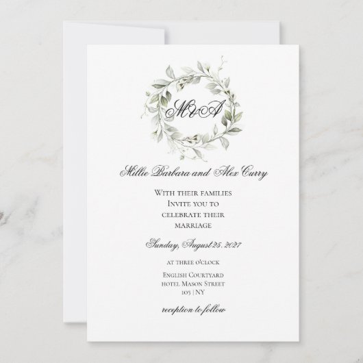 Elegante saliegroene krans monogram bruiloft kaart (Voorkant)