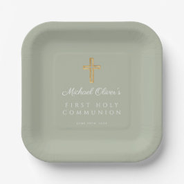 Elegante Saliegroene Kruis Eerste Heilige Communie Papieren Bordje