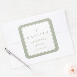 Elegante saliegroene kruis jongensdoop vierkante sticker