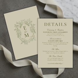 Elegante saliegroene kuifmonogram huwelijksdetails informatiekaartje