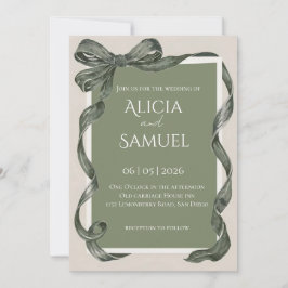Elegante saliegroene lint huwelijksuitnodiging kaart