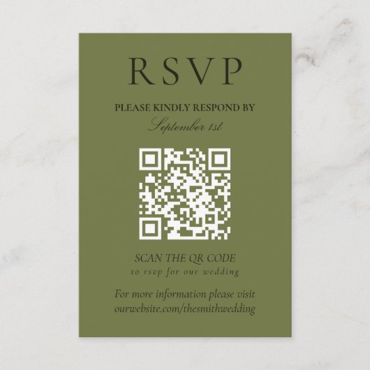 Elegante Saliegroene Minimalistische Trouw-QR-code RSVP Kaartje (Voorkant)