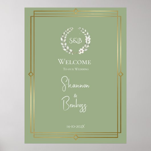 Elegante Saliegroene Monogram Bruiloft Welkom Poster (Voorkant)
