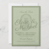 Elegante saliegroene monogram foto save the date kaart (Voorkant)