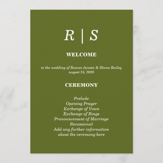 Elegante saliegroene Monogram Huwelijksprogramma k Programmakaart (Voorkant)