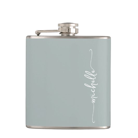 Elegante saliegroene monogram naam schrift heupfles (Voorkant)
