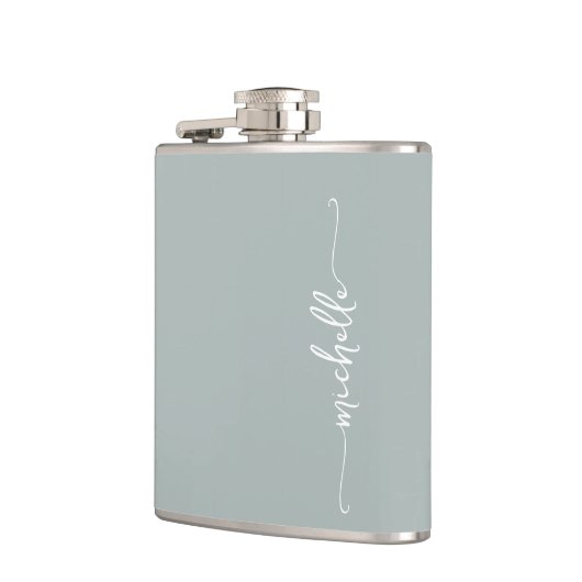 Elegante saliegroene monogram naam script heupfles (Links)