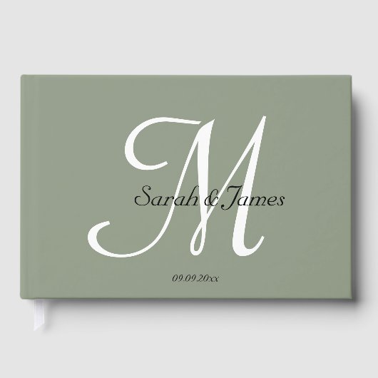 Elegante Saliegroene Monogram Script Bruiloftsfees Gastenboek (Voorkant)