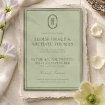 Elegante saliegroene monogram trouwkaart