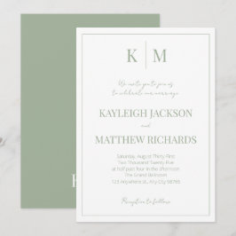 Elegante saliegroene monogram trouwuitnodiging kaart