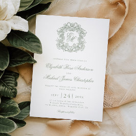 Elegante saliegroene monogram wapen huwelijksfeest kaart