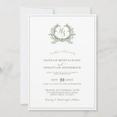Elegante Saliegroene Monogram Wapen QR Code Trouwe Kaart (Voorkant)