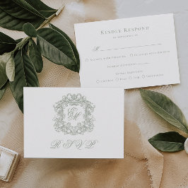 Elegante saliegroene monogram wapenschild maaltijd RSVP kaartje