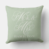 Elegante saliegroene Mr en Mrs script bruiloft Kussen (Achterkant)