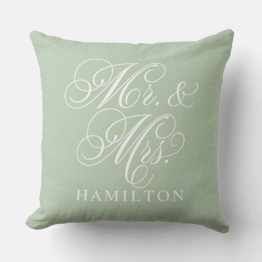 Elegante saliegroene Mr en Mrs script bruiloft Kussen (Voorkant)