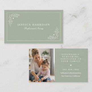 Elegante saliegroene nanny met foto visitekaartje