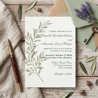 Elegante Saliegroene Olijftak Botanische Bruiloft Kaart